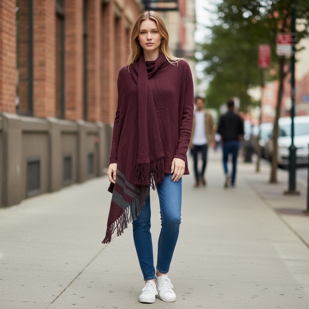 Cabi Port Wine Fringe Sweater